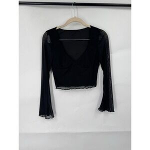 Sheer Cropped Flare Sleeve Witchy Top Women S Black Y2K Rave Whimsigoth Coquette